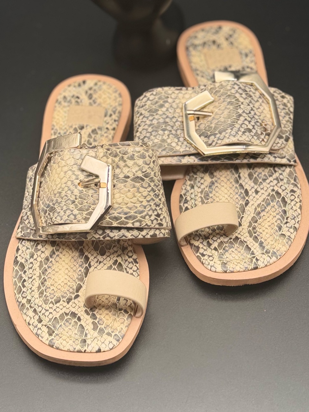 Louise et Cie Beige Snake-Print Slide Sandals with Gold Buckle